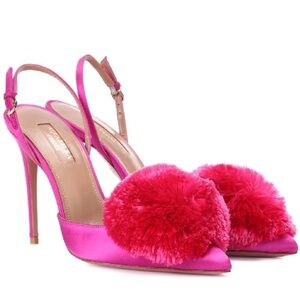 Aquazzura Satin Pom Pom Pink Slingback Heels Powder Puff